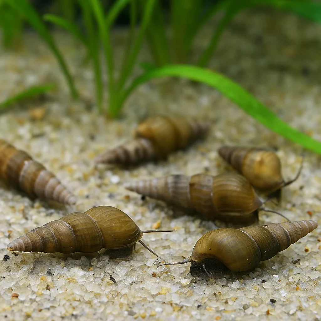 Malaysian Trumpet Snails on a sandy surface with green plants in the background in a tropical fish tank.