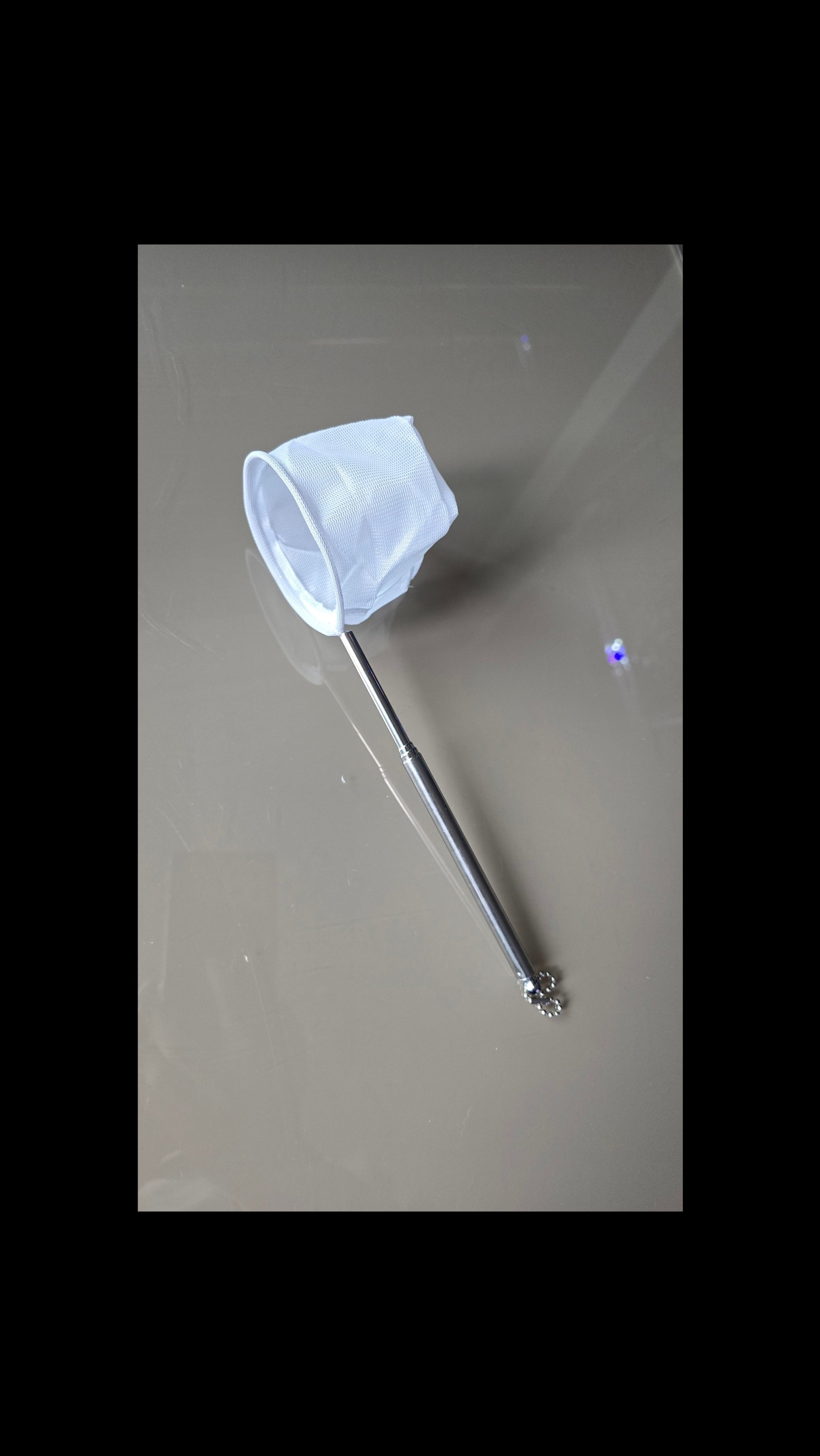 A long-handled net with a white mesh head and a silver metal handl.